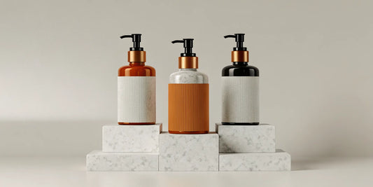 Modern bathroom bottle set with stylish pump bottles on marble for a luxe, organized look.