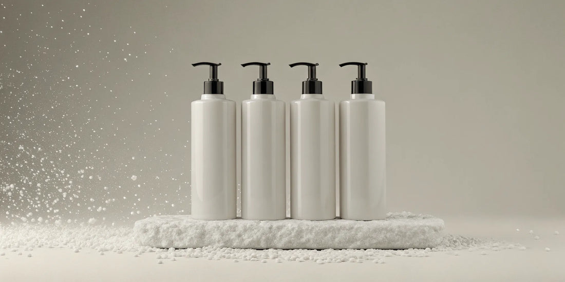 Four sleek white pump bottles of the best luxury body wash for a spa-like experience.