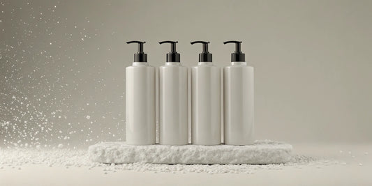 Four sleek white pump bottles of the best luxury body wash for a spa-like experience.