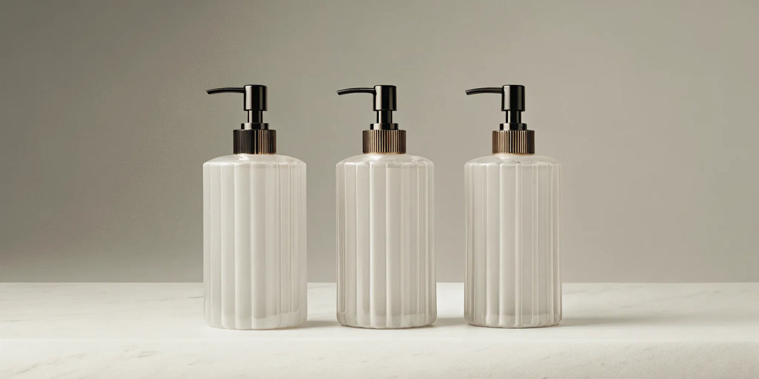 Three bottles of the best designer inspired hand soap on a marble counter.