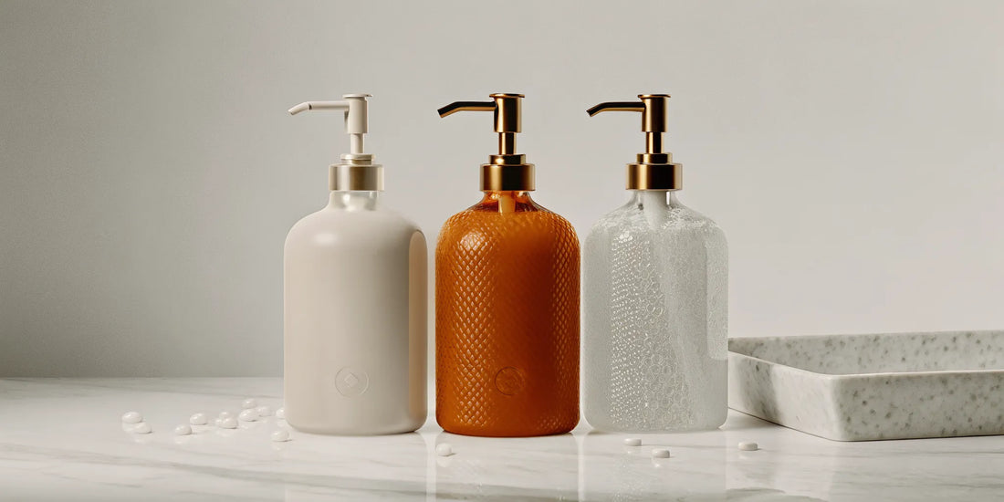 Upscale hand soap refills in three bottles on a marble counter.