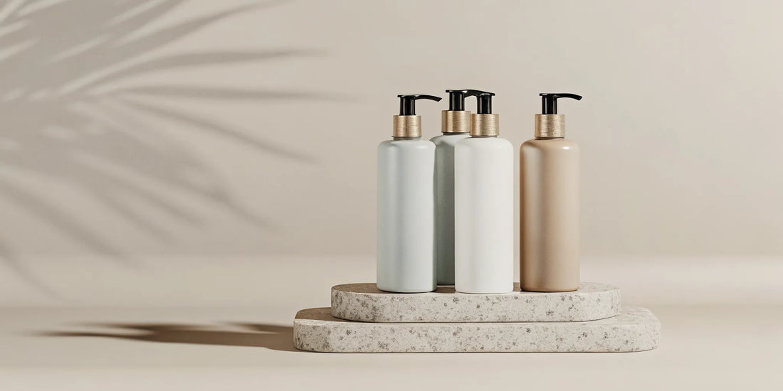 Minimalist bottles of the best California made body wash on a stone display.