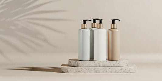 Minimalist bottles of the best California made body wash on a stone display.