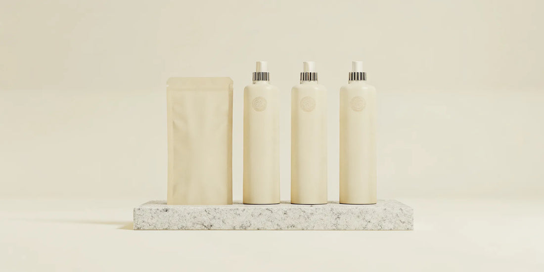Eco-friendly 500ml body wash refill pouch and reusable bottle.