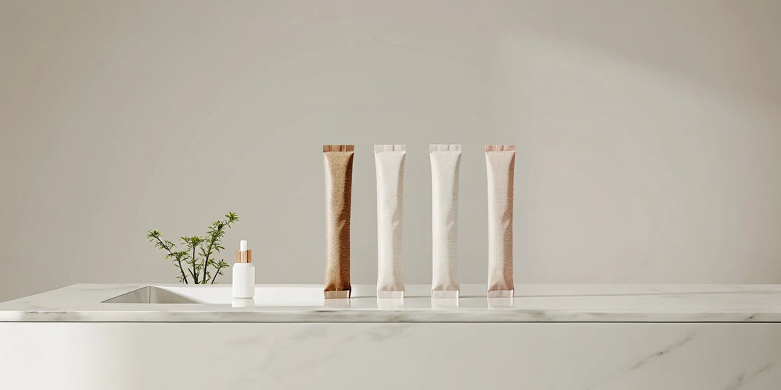 Luxury body wash in eco-friendly refill pouches displayed on a marble countertop.