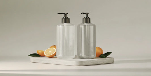 Mandarin citrus hand soap bottles arranged with fresh mandarins on a tray.