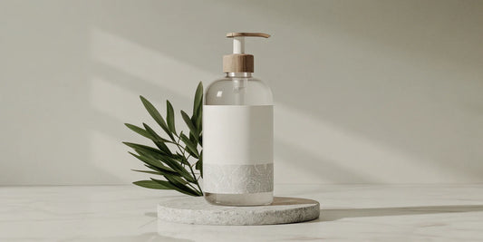 A premium body wash refill bottle with a wooden pump sits on a marble surface next to green leaves.
