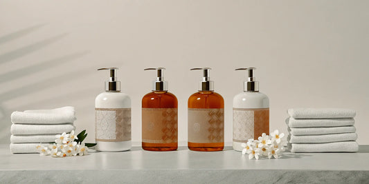 Bottles of spa-inspired hand soap with towels and flowers in a luxe bathroom.