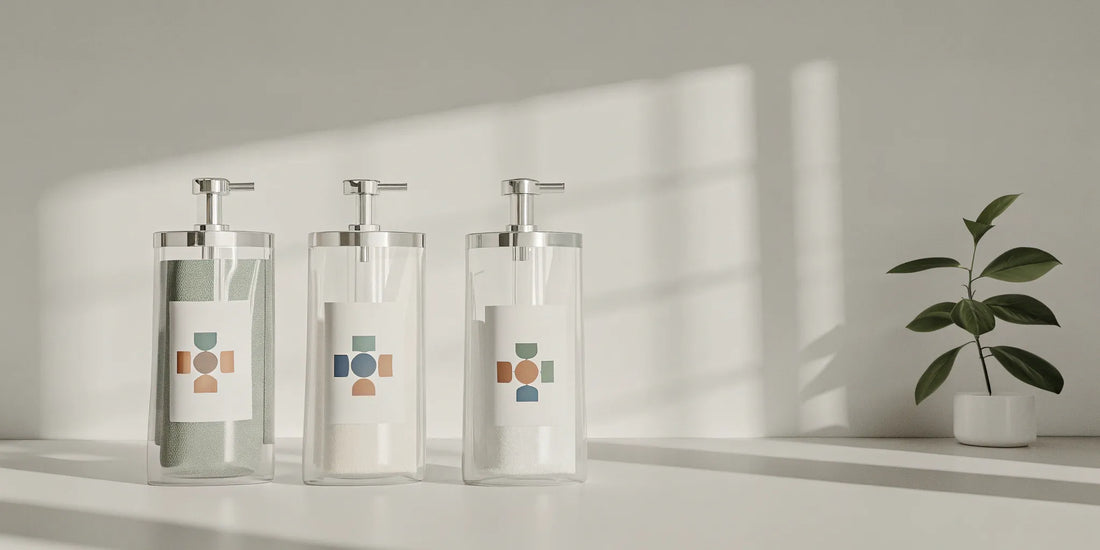 A sustainable body wash refill system with three clear pump bottles and a plant.