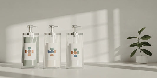 A sustainable body wash refill system with three clear pump bottles and a plant.