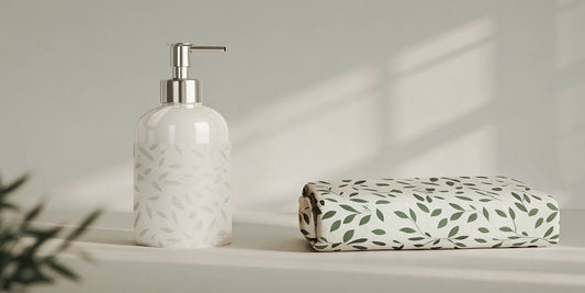 A glass soap dispenser next to a sustainable soap refill pouch.