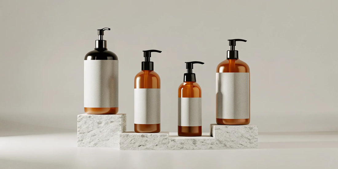 A collection of stylish black pump bottles for soap and lotion on a marble countertop.