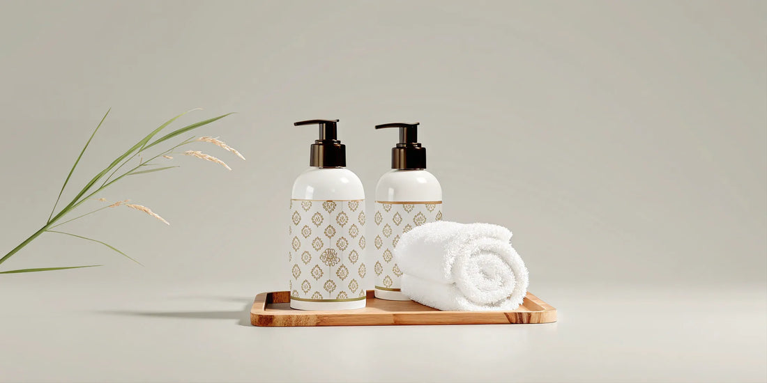 Luxe Aesop Resurrection dupe hand soap bottles arranged on a wooden tray with a towel.