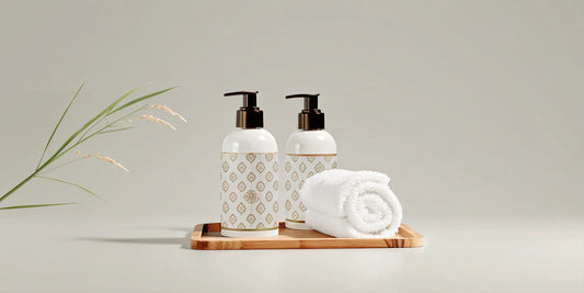 Luxe Aesop Resurrection dupe hand soap bottles arranged on a wooden tray with a towel.