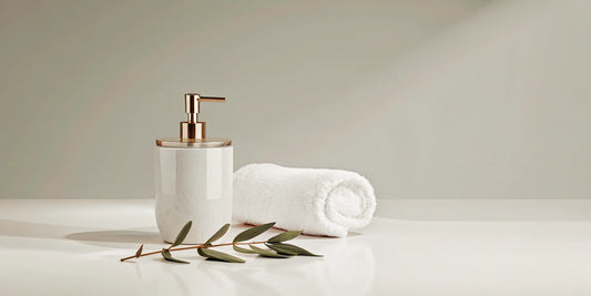 A minimalist white dispenser of affordable Aesop dupe hand soap next to a towel.