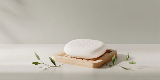 A bottle of Aesop Resurrection dupe hand soap on a wooden dish with green leaves.