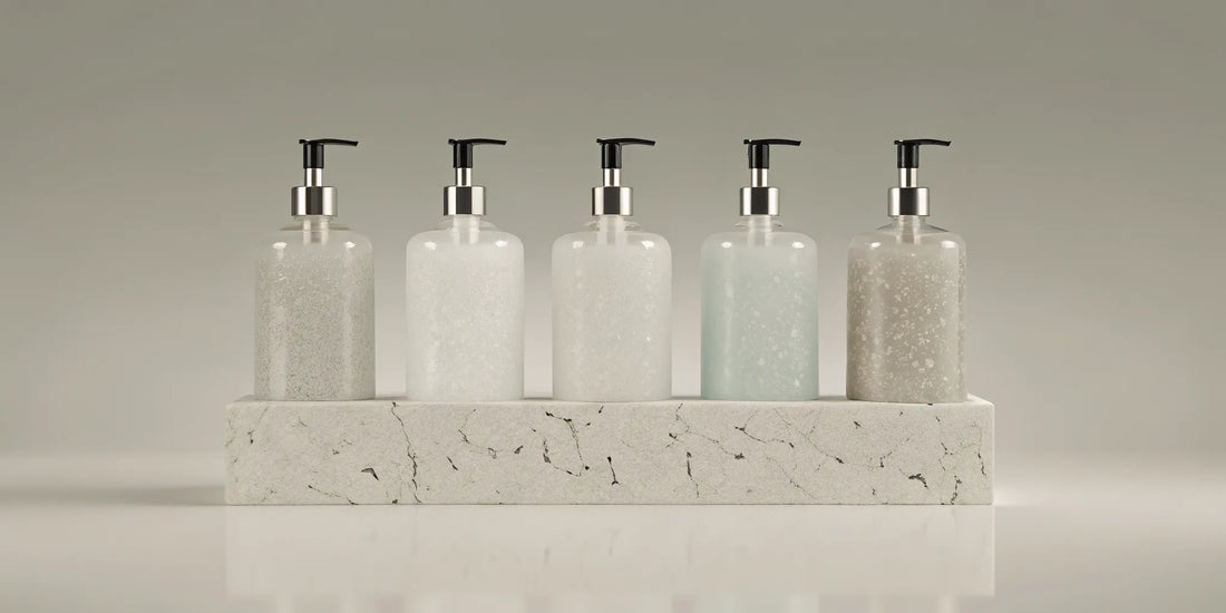 Pump bottles from the best bath and hand wash brands arranged on a stone tray.