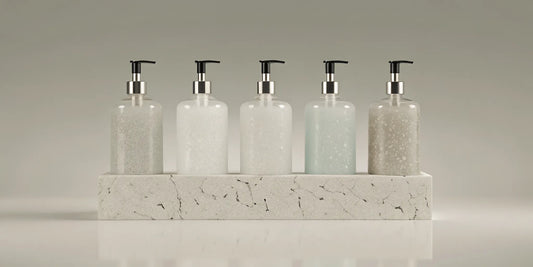 Pump bottles from the best bath and hand wash brands arranged on a stone tray.