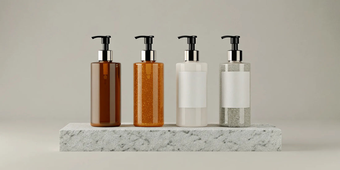 Four pump bottles of the best bergamot hand wash on a stone surface.