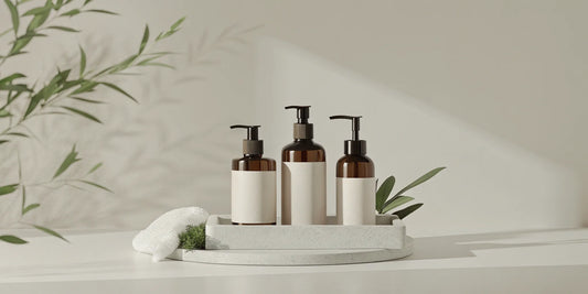 Designer fragrance soap refill bottles with minimalist labels on a tray.