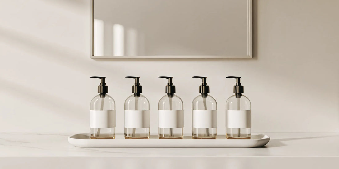 A set of glass soap dispensers with black pumps on a modern bathroom counter.