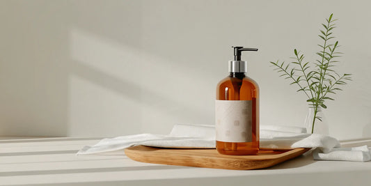 A stylish amber glass dispenser bottle for a hand soap refill.