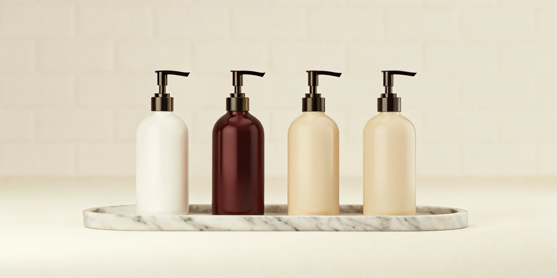 Stylish hand wash pump dispensers in assorted colors on a marble bathroom countertop.