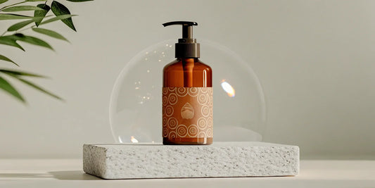 An amber glass bottle of liquid hand soap, filled using a cost-effective and eco-friendly refill pouch.