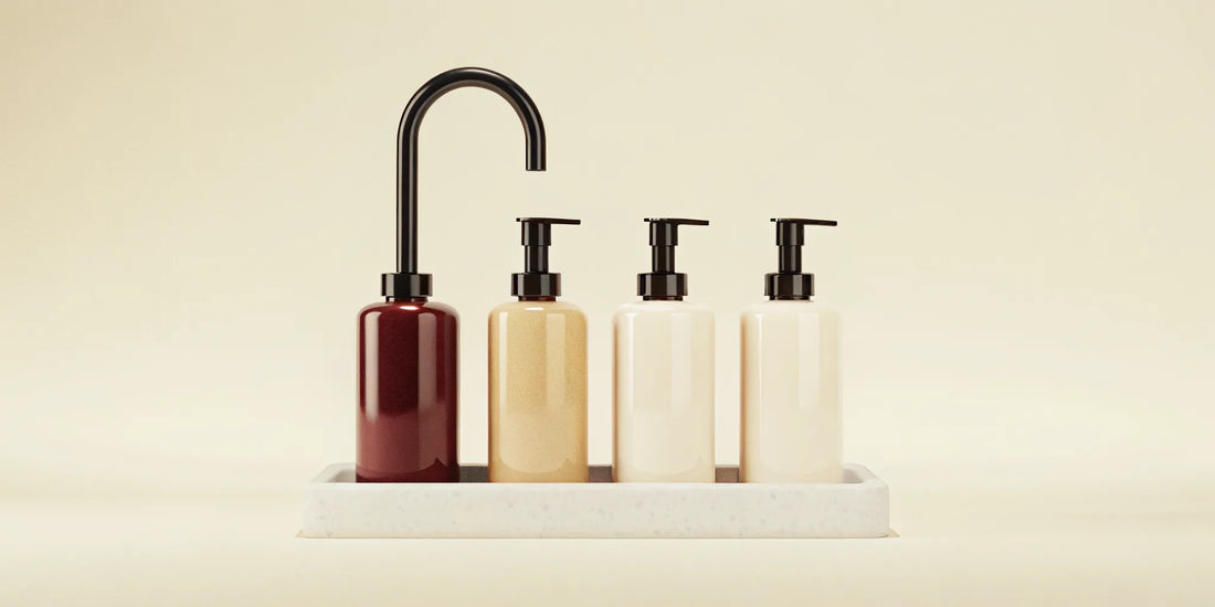 A selection of stylish liquid hand wash bottles with pumps for a modern sink.