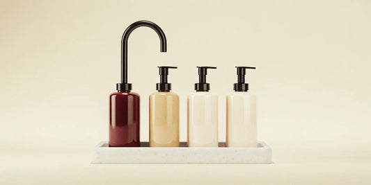 A selection of stylish liquid hand wash bottles with pumps for a modern sink.