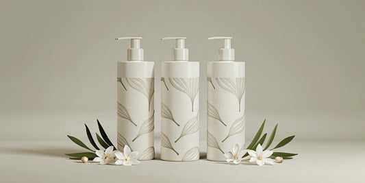 A selection of luxury scented body wash bottles displayed with fresh flowers.