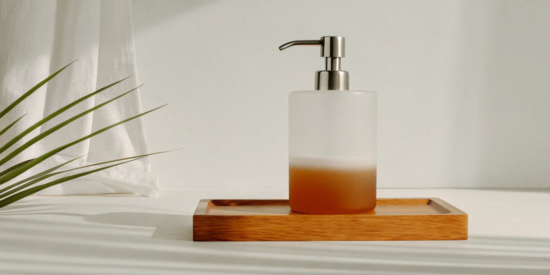 Refillable luxury soap dispenser in frosted glass on a wooden tray.