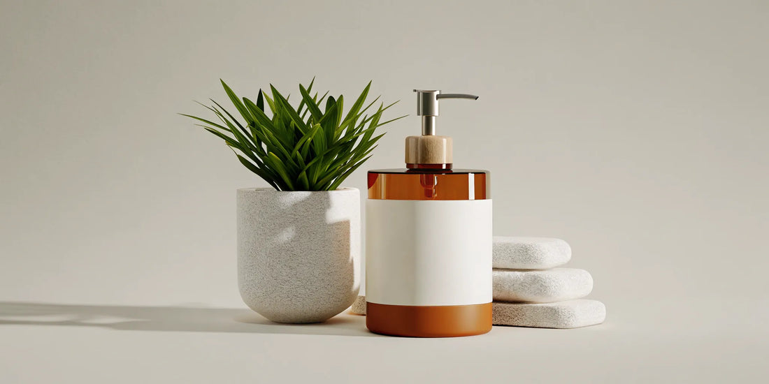 Made in California soap refill with an amber dispenser and stacked soap bars.