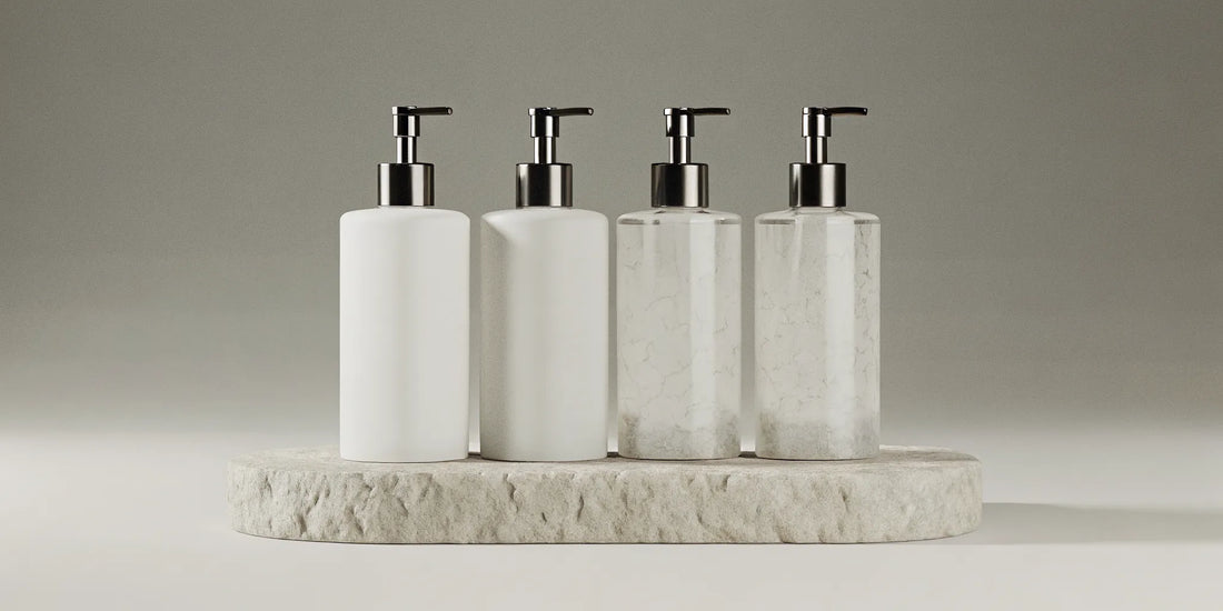 Mandarin zest hand soap in modern pump bottles on a minimalist stone tray.