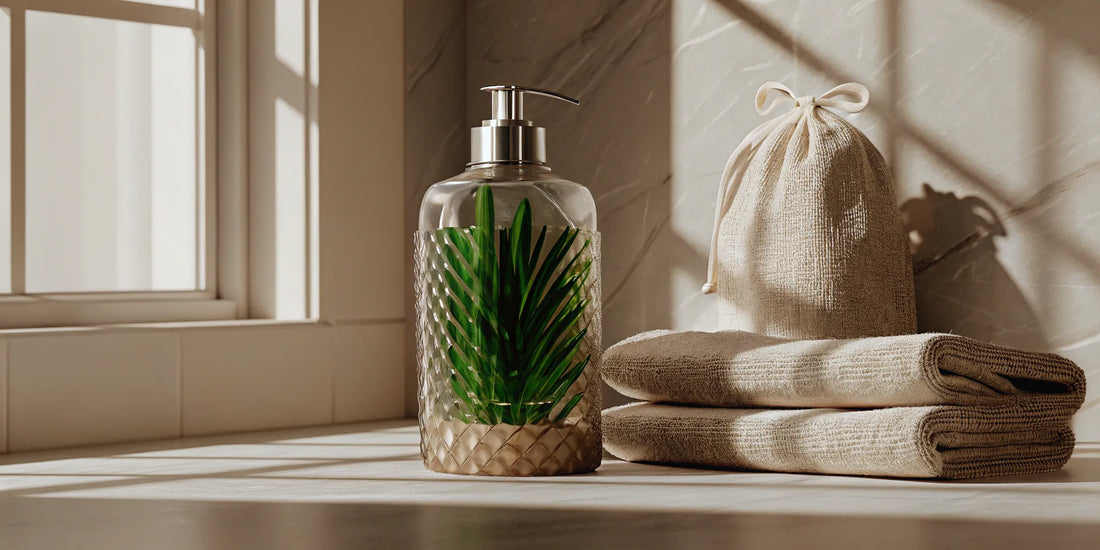 A glass dispenser holding a non-toxic hand soap refill on a bathroom counter.