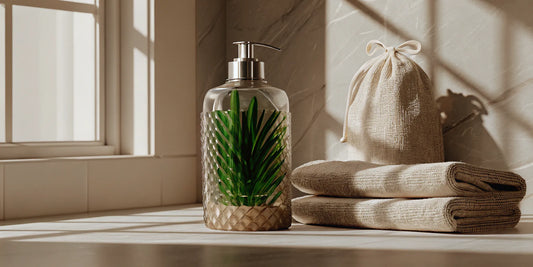 A glass dispenser holding a non-toxic hand soap refill on a bathroom counter.