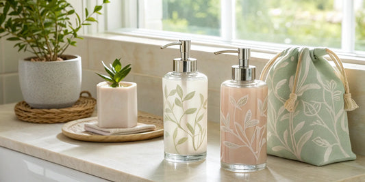 Refillable glass hand soap dispensers on a modern office bathroom counter.