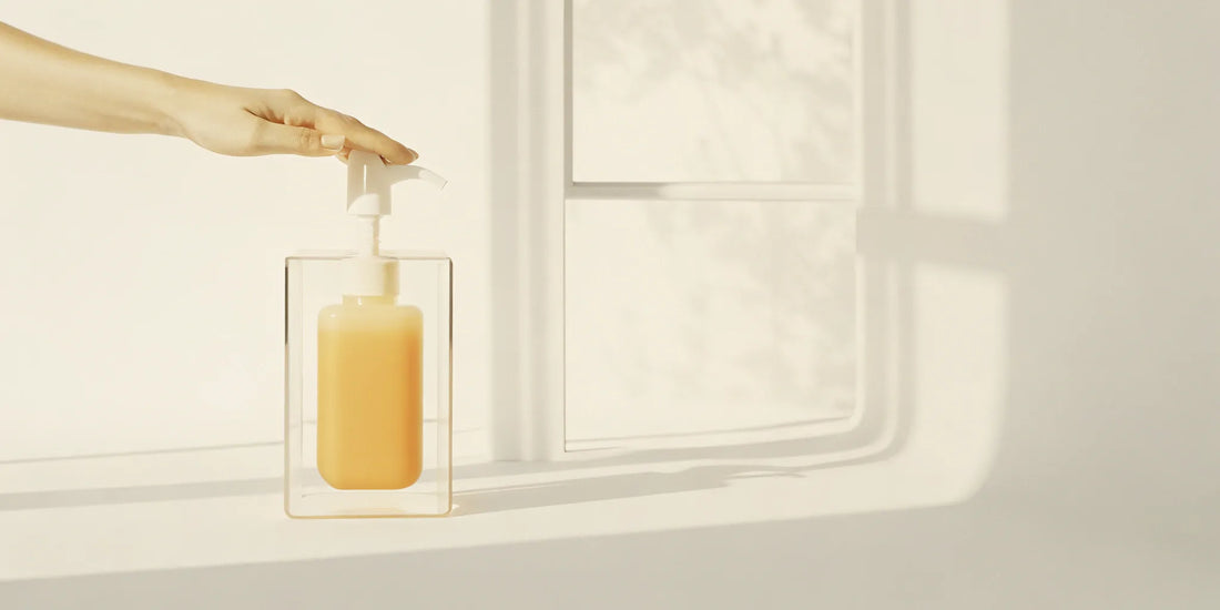 Hand pumping a clear dispenser filled with an orange hand soap refill.