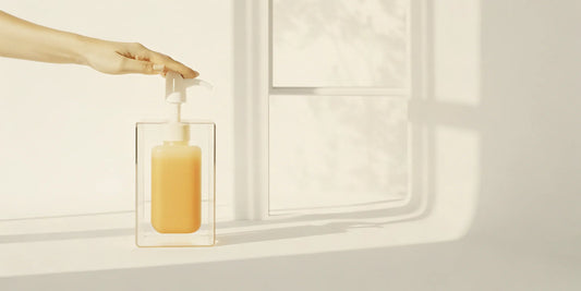Hand pumping a clear dispenser filled with an orange hand soap refill.
