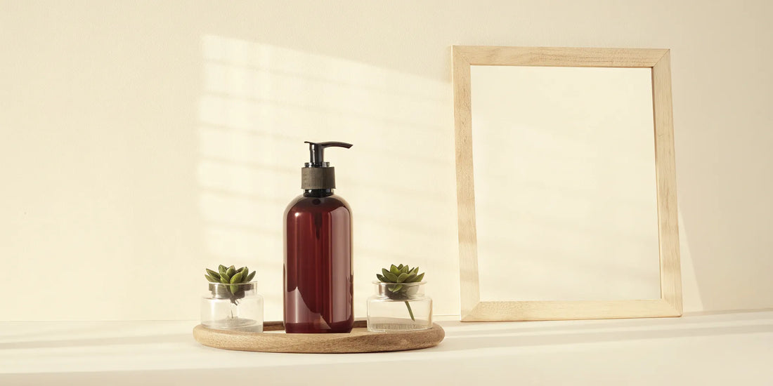 Amber pump bottle of organic hand soap refill on a tray with succulents.