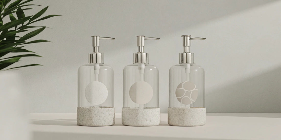 Clear glass hand soap dispensers ready to be filled with a sustainable hand soap refill.