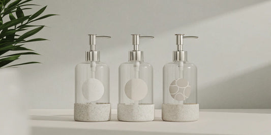 Clear glass hand soap dispensers ready to be filled with a sustainable hand soap refill.