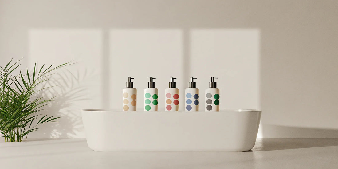 Plastic free body wash refill bottles on a minimalist bathroom counter next to a green plant.