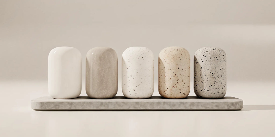 Artisanal premium California soap bars in neutral tones on a stone tray.
