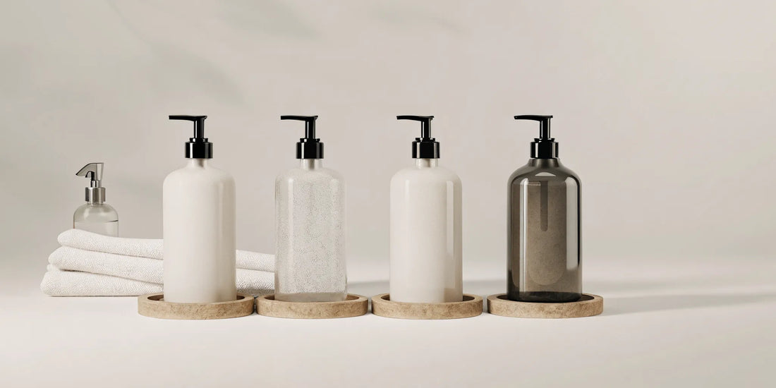 A selection of premium refillable hand soap in minimalist dispensers.