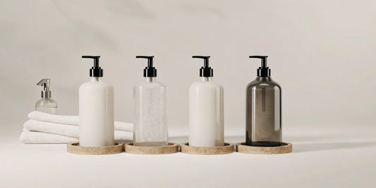 A selection of premium refillable hand soap in minimalist dispensers.