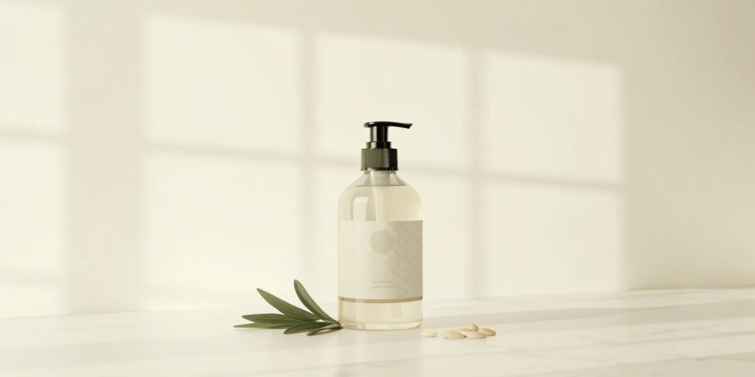 A clear refill bottle of sage hand soap with a fresh sage leaf.