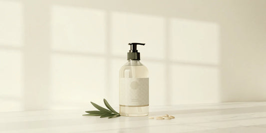 A clear refill bottle of sage hand soap with a fresh sage leaf.