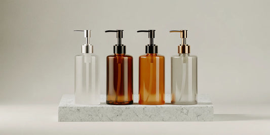 A collection of stylish soap bottles with pumps in clear and amber glass.