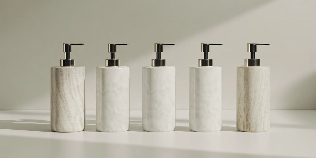A selection of the best soap dispenser pumps for a modern bathroom.